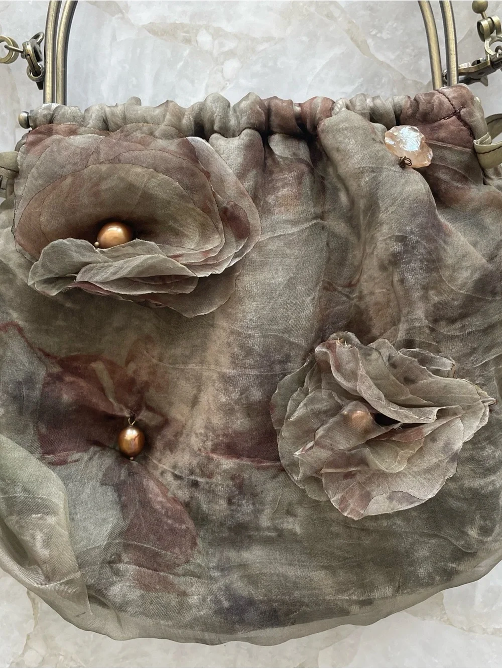 Handmade Vintage-Inspired Olive Floral Drawstring Handbag